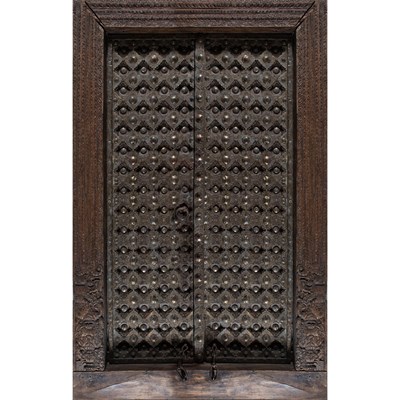 Lot 197 - Indian Copper and Brass Decorated Wooden Temple Doorway