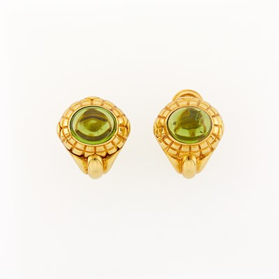 Lot 2054 - Faraone Pair of Gold and Cabochon Peridot Earrings