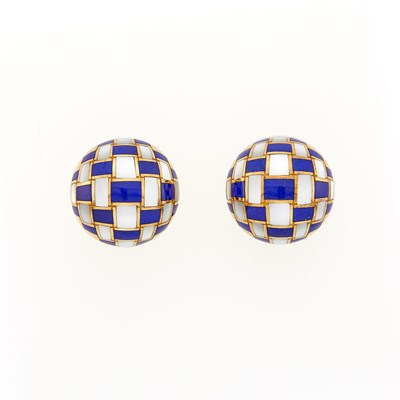 Lot 2017 - Tiffany & Co. Pair of Gold, Mother-of-Pearl and Lapis Checkerboard Earrings