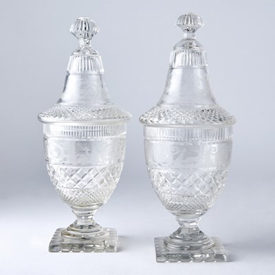 Lot 588 - Matched Pair of Continental Cut-and Wheel-Engraved Blown Glass Ginger Jars and Covers