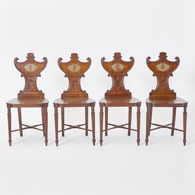 Lot 495 - Set of Four Regency Polychrome Decorated Mahogany Hall Chairs
