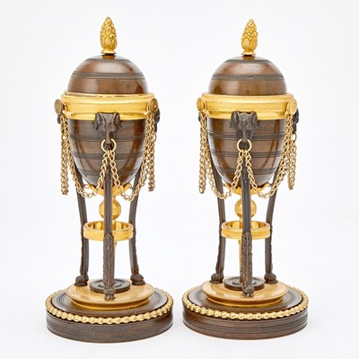 Lot 90 - Pair of Louis XVI Patinated Bronze and Ormolu Cassolettes