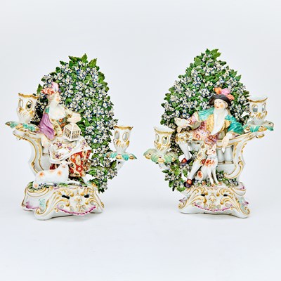 Lot 454 - Pair of Chelsea Bocage Porcelain Allegorical Figural Candelabra