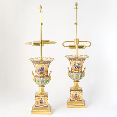 Lot 80 - Pair of French Painted and Parcel-Gilt Porcelain Urns