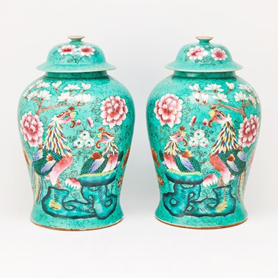Lot 20 - Pair of Chinese Enameled Porcelain Baluster Jars and Covers