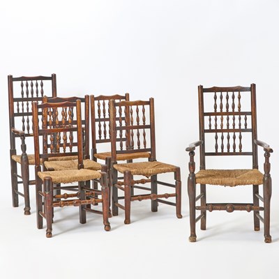 Lot 1058 - Set of Six Oak Spindle Back Rush-Seat Dining Chairs