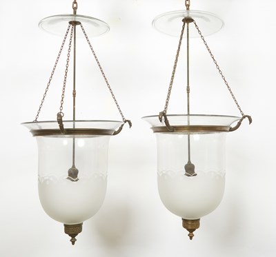 Lot 149 - Pair of Neoclassical Style Gilt-Metal Mounted Clear and Frosted Glass Hall Lanterns