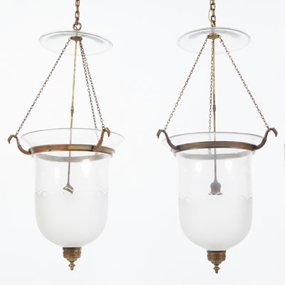 Lot 148 - Pair of Neoclassical Style Gilt-Metal Mounted Clear and Frosted Glass Hall Lanterns