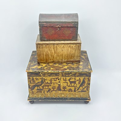 Lot 1043 - Three Small Decorated and Hinged Pine Boxes
