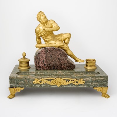 Lot 367 - Empire Gilt Bronze Mounted Porphyry and Verde Antico Marble Figural Inkwell