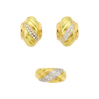 Lot 1064 - Two-Color Gold and Diamond Ring and Pair of Half-Hoop Earrings