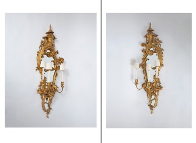 Lot 147 - Pair of Rococo Style Three-light Mirrored Wall Sconces