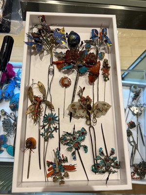 Lot 151 - A Group of Chinese Kingfisher, Jade and Other Hardstone Hair Pins