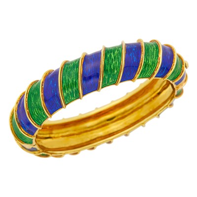 Lot 14 - Tiffany & Co. Gold and Blue and Green Enamel Bombé Bangle Bracelet