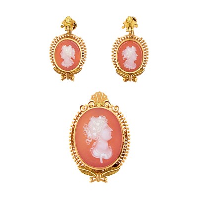 Lot 1098 - Pair of Two-Color Gold and Sardonyx Cameo Pendant-Earrings and Pendant-Brooch
