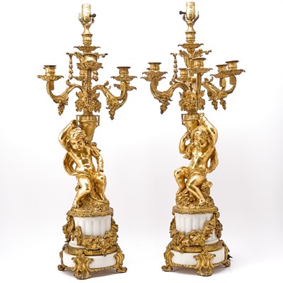 Lot 659 - Pair of Louis XVI Style Gilt-Metal and White Marble Figural Six-Light Candelabra