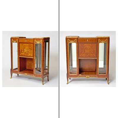Lot 662 - Pair of Louis XVI Style Marquetry Inlaid and Marble Vitrine Cabinets
