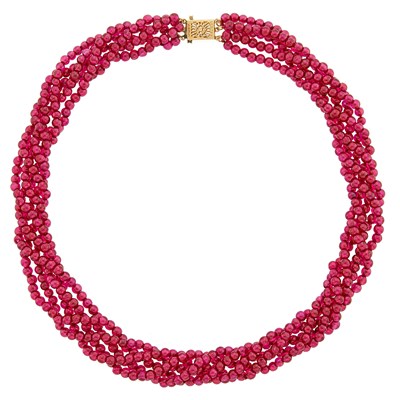 Lot 1227 - Five Strand Ruby Bead Necklace with Gold Clasp