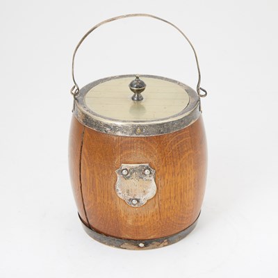Lot 478 - English Silver Plate-Mounted Oak Biscuit Barrel