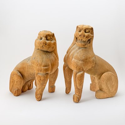 Lot 744 - A Pair of Japanese Wood Sculptures of Guardian Lion-Dogs