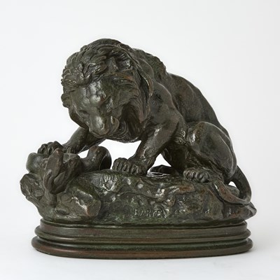Lot 383 - French Patinated Bronze Animalier Figure of a Lion and a Serpent