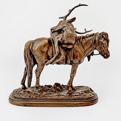Lot 412 - French Patinated Bronze Animalier Figural Group of a Highland Pony and Stag