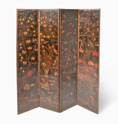 Lot 247 - Dutch Embossed Polychrome Decorated Leather Four-Fold Screen
