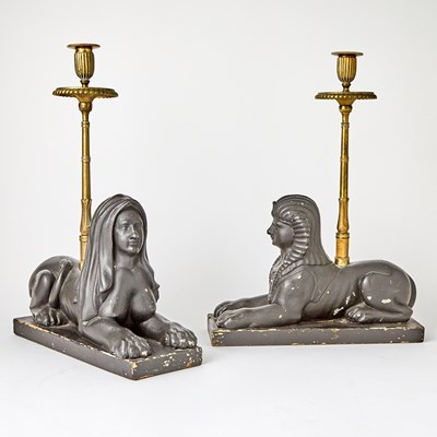 Lot 492 - Pair of Regency Gilt-Bronze and Patinated Plaster Sphinx Candlesticks