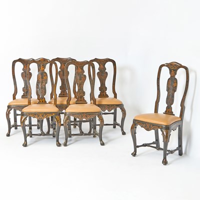 Lot 287 - Assembled Set of Six Italian Black and Gilt Japanned Side Chairs