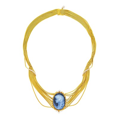 Lot 1041 - Wellendorff Ten Strand Gold, Hardstone Cameo and Diamond Brooch-Necklace