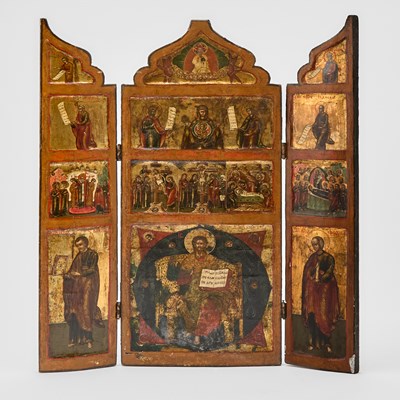 Lot 75 - Russian Painted Panel Traveling Triptych Icon