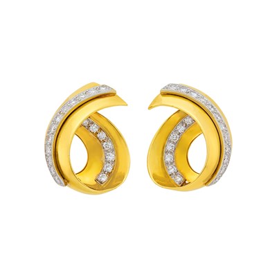 Lot 1006 - Boris LeBeau Pair of Two-Color Gold and Diamond Ribbon Earrings