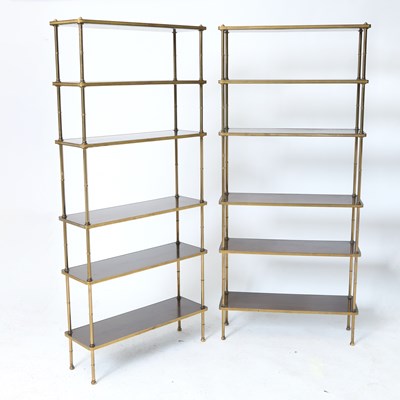 Lot 273 - Pair of Regency Style Brass and Walnut Six-Tier Etageres