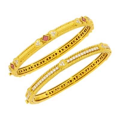 Lot 1113 - Judith Ripka Two Gold, Pink Tourmaline and Diamond Bangle Bracelets