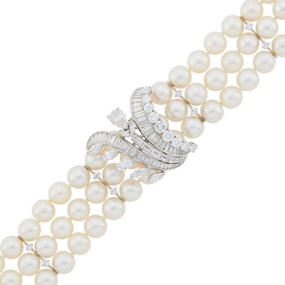 Lot 151 - Triple Strand Cultured Pearl, Platinum and Diamond Bracelet