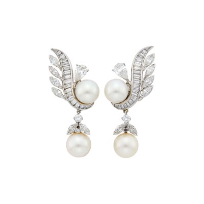 Lot 1138 - Pair of Platinum, Cultured Pearl and Diamond Pendant-Earrings