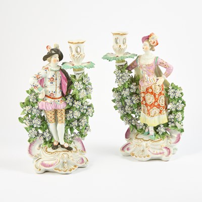Lot 442 - Pair of Chelsea-Derby Bocage Figural Candlesticks
