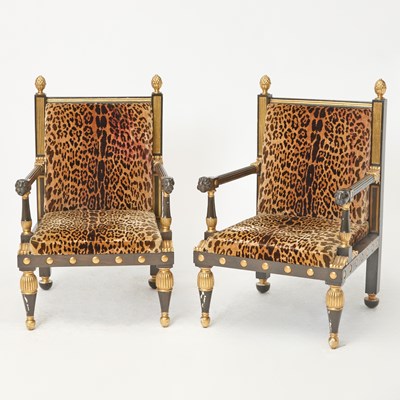 Lot 83 - Pair of Regency Style Faux Rosewood Painted and Parcel Gilt Armchairs
