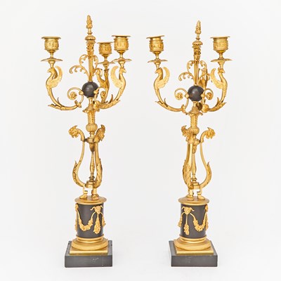 Lot 66 - Pair of Empire Patinated and Gilt-Bronze Three-Light Candelabra