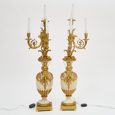Lot 123 - Pair of Louis XVI Style Gilt-Bronze Mounted White Marble Candelabra