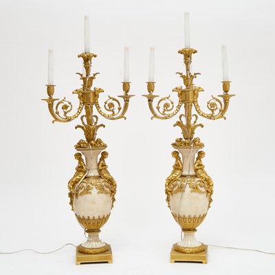 Lot 123 - Pair of Louis XVI Style Gilt-Bronze Mounted White Marble Candelabra