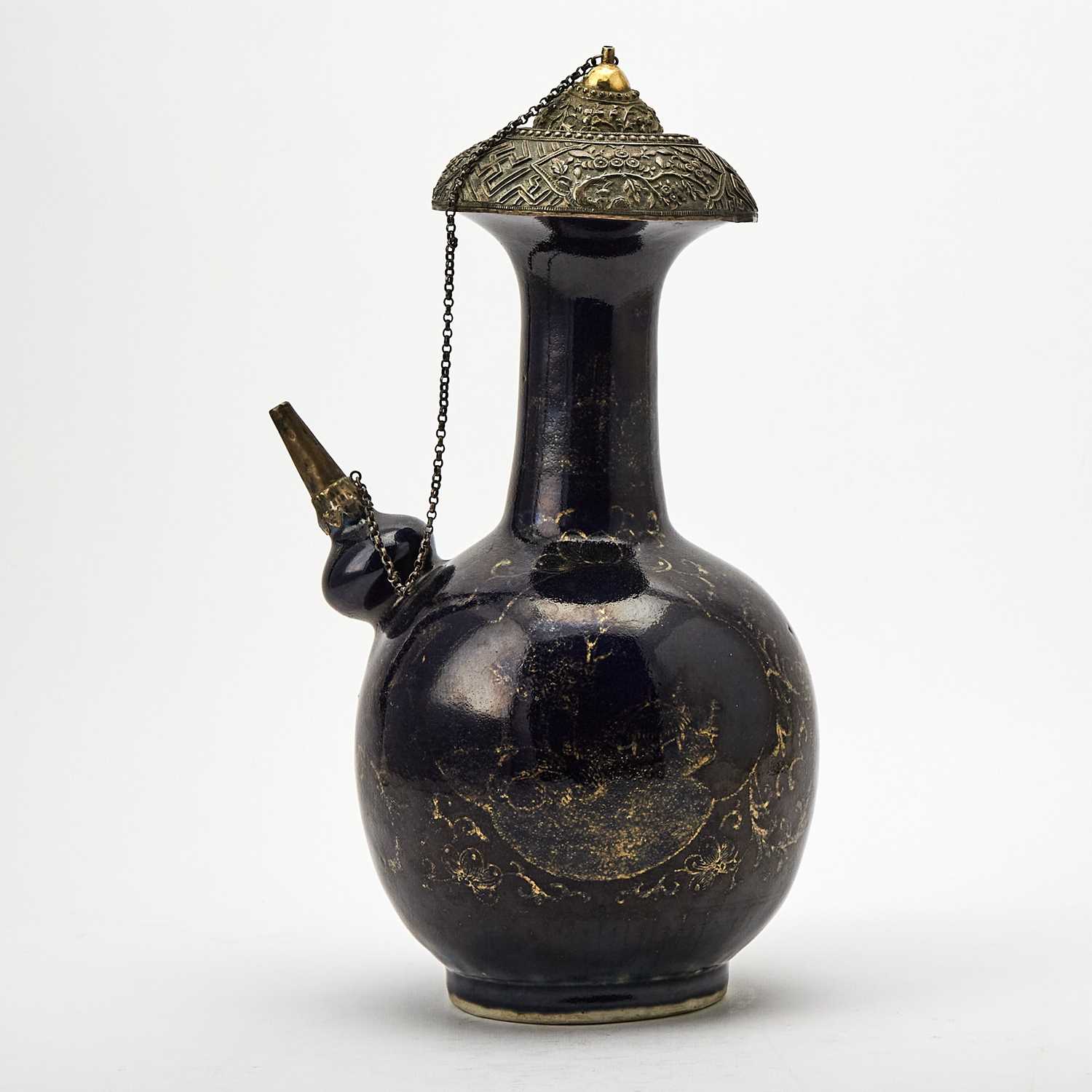 Lot 211 - A Chinese Gilt Decorated and Blue Glazed Porcelain Kendi