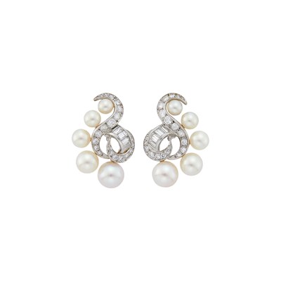 Lot 51 - Marianne Ostier Pair of Platinum, Cultured Pearl and Diamond Earclips