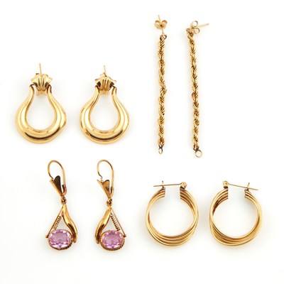 Lot 436 - Eight Gold and Stone Earrings, 14K 7 dwt. all