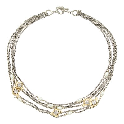 Lot 2029 - Multistrand Silver, Silver-Gilt, Diamond and Freshwater Pearl Necklace