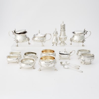 Lot 663 - Group of Sterling Silver Open Salt Cellars, Pepper Casters and Mustard Pots