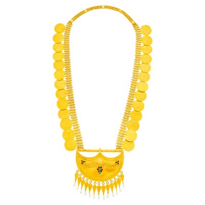 Lot 405 - High Karat Gold, Arabic Coin Medallion Simulated Stone and Freshwater Pearl Fringe Necklace