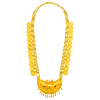 Lot 404 - High Karat Gold, Arabic Coin Medallion Simulated Stone and Freshwater Pearl Fringe Necklace