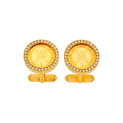 Lot 398 - Pair of Gold, Gold Omani Coin and Diamond Cufflinks
