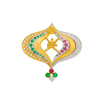 Lot 397 - Royam Two-Color Gold, Diamond, Ruby and Emerald Brooch